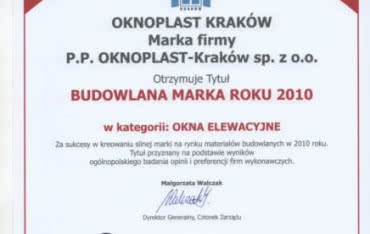 Tytuł "Budowlana Marka Roku 2010" dla firmy Oknoplast